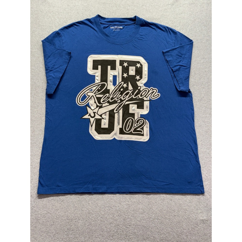True Religion Mens Blue Graphic Tee Shirt TR Religion 02 Star Logo XL 109435C